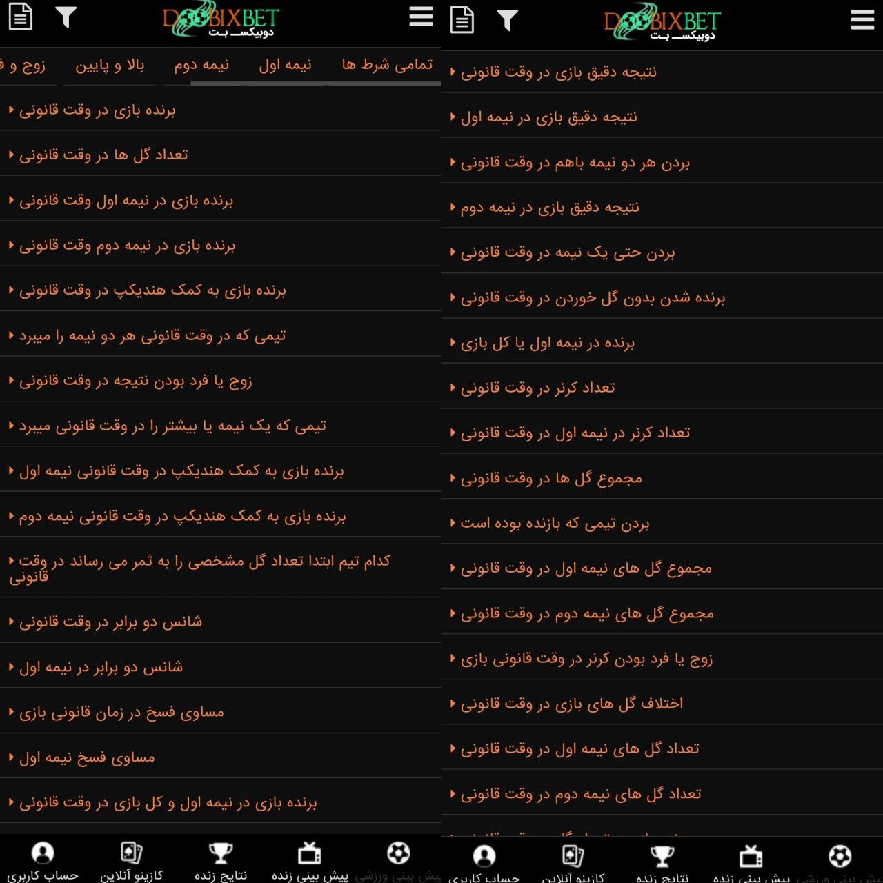 گزینه های شرط بندی