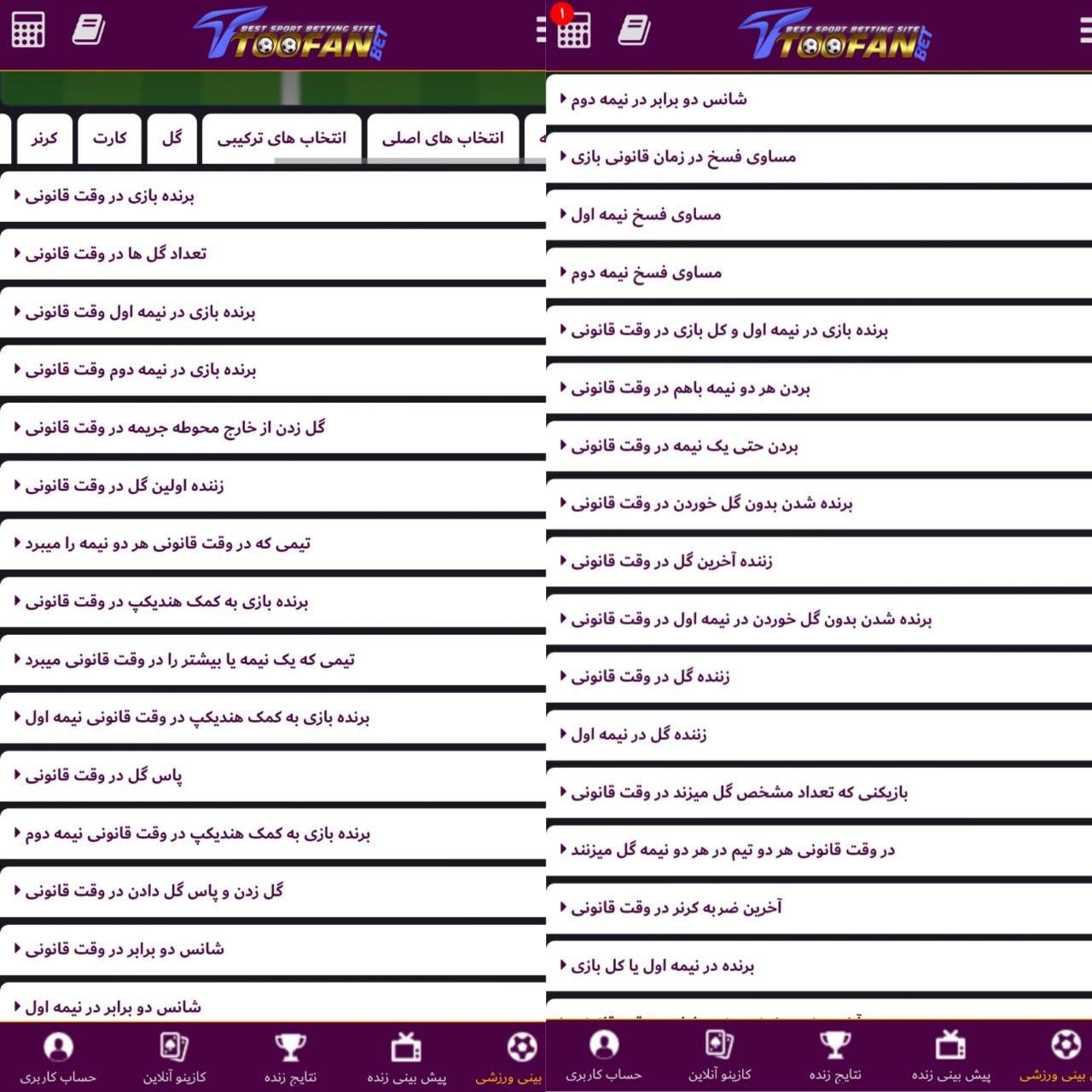اپشن های سایت طوفان بت