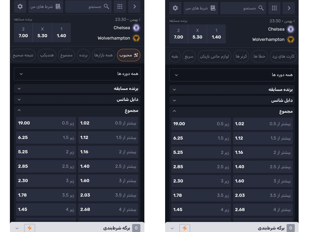 آپشن های شرط بندی بت لحظه